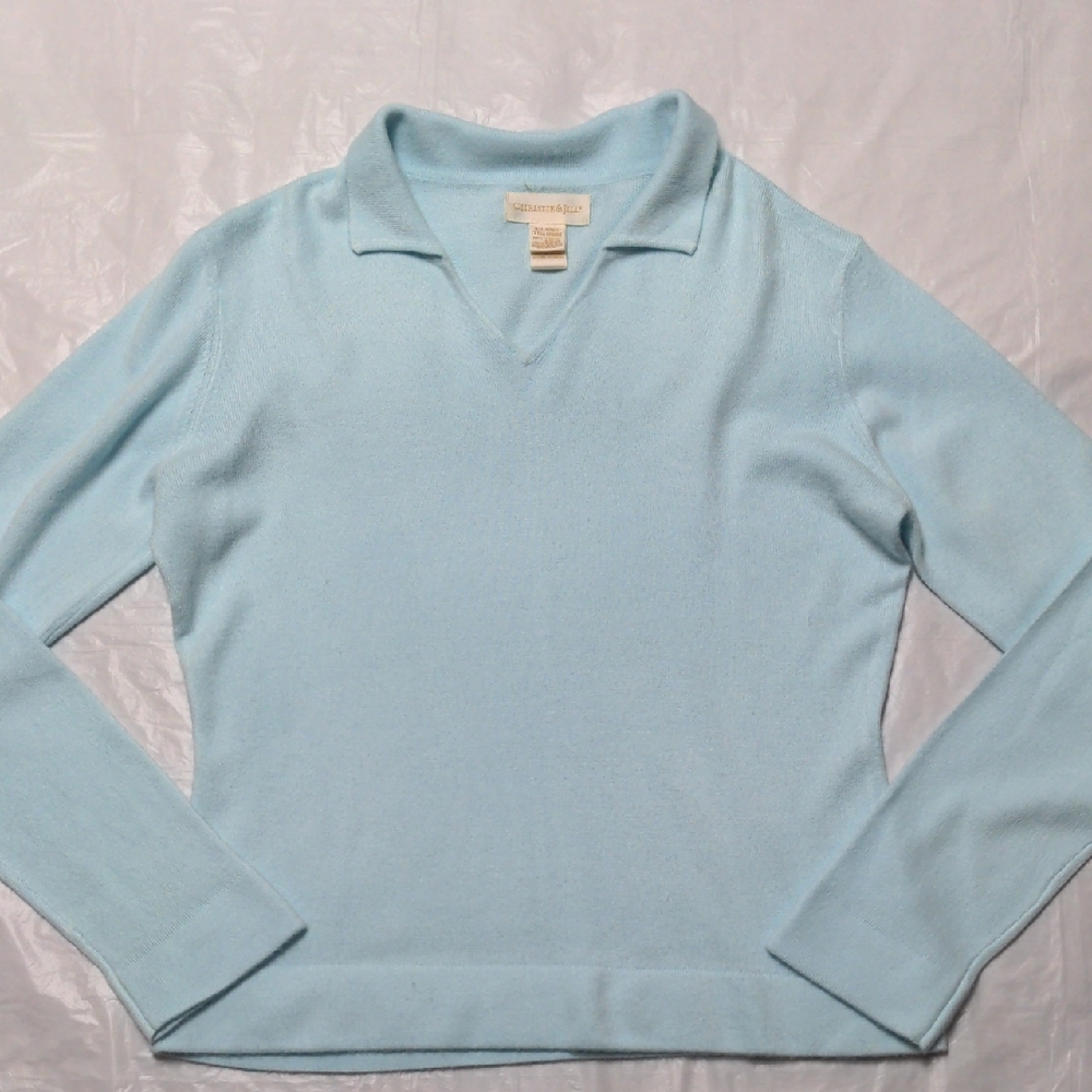 Vintage 90s Pale Seafoam Blue Soft Long Sleeve Polo Collar Sweater Sz XL